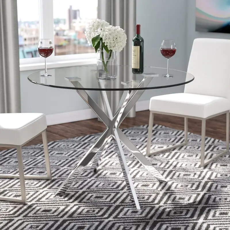 Yüksek kaliteli yemek mobilyaları Modern temperli yuvarlak cam yemek masası ile Metal taban