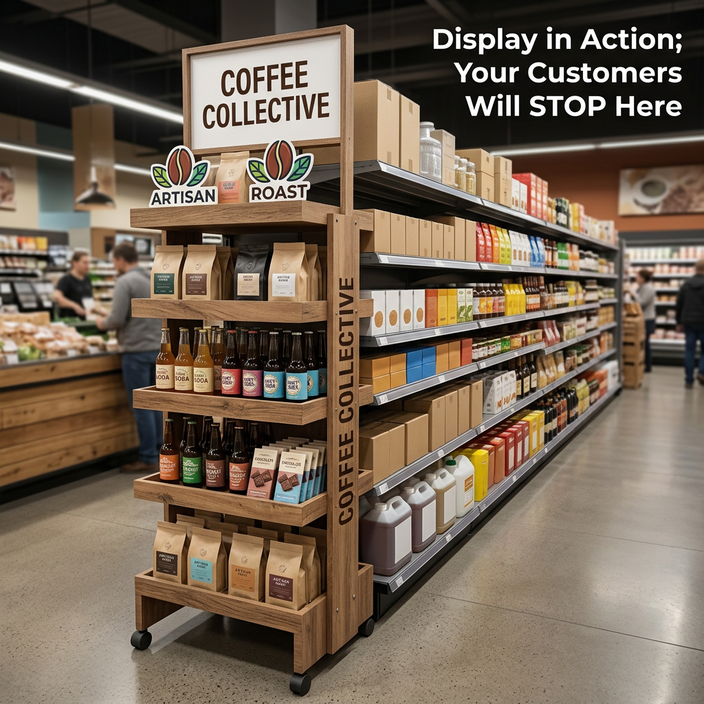 Custom Wooden Retail Display Rack with Wheels 5 Tier Floor Standing Shelf Header Sign POS POP Store Fixture Promotion Stand OEM — view 2