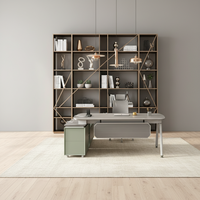 Bureau de direction moderne convertible en forme de L, gris et blanc, en panneaux de particules E1 écologiques, rails silencieux, pour bureau professionnel de PDG