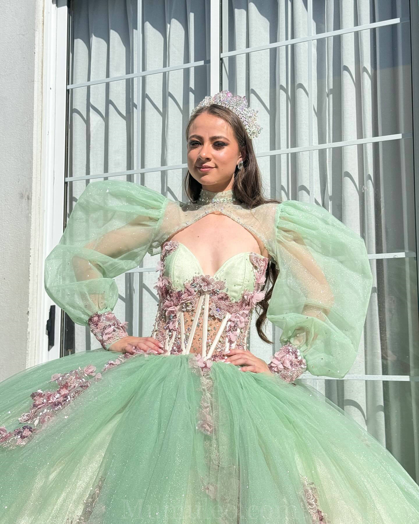 Sage Green V-neck Ball Gown Quinceanera Dress With Jacket & Lace Appliques - Oem