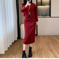 Nouvelle Collection Automne Élégante Femme Rétro Manteau Court à Paillettes et Ensemble Jupe Mi-Longue en Tweed Épais Rouge