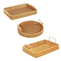 Ensemble de 2 plateaux de rangement en rotin, emboîtables, écologiques, avec poignées en bois modernes, résistants à l'eau et à l'humidité, paniers tissés rectangulaires
