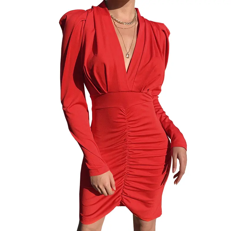 Respirable para mujer vestido plisado Sexy, poliéster informal de moda elegante con cuello de pico profundo nalgas para fiesta