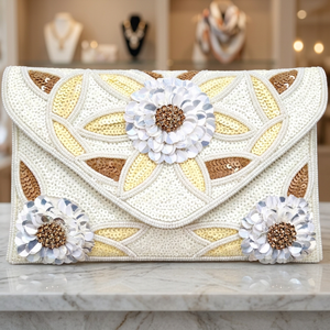 Elegante Bolso de Mano de Seda con Cuentas, Hecho a Mano, con Adorno Floral, Diseño Rectangular, Cierre de Solapa, Tipo Sobre, para Eventos Nocturnos - Product Image 3