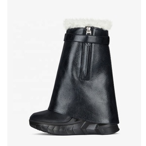 Women's Fur Ankle <b>Boots</b> Wedge Heels Turn Over Round Toe Short Female Shark Lock Causal Increasing Height Shoes - Product Image 3