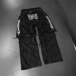 男士定制刺绣街头服饰 Y2K 牛仔裤破洞宽松哥特裤和破洞牛仔连帽衫牛仔裤黑色牛仔布 - Product Image 1