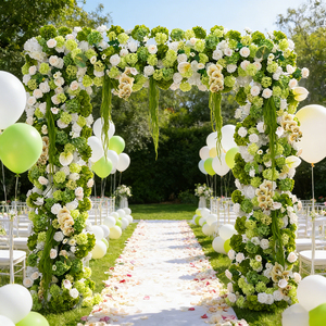 DKB Arche de fleurs artificielles en soie, rose et hortensia blancs et verts avec feuilles vertes, en forme de U, très vendue - Product Image 1