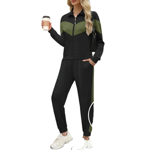 Ensemble de survêtement décontracté pour femme, noir et vert, à blocs de couleur, avec fermeture éclair, manches longues, respirant, léger, en coton, avec poches latérales - Product Image 3