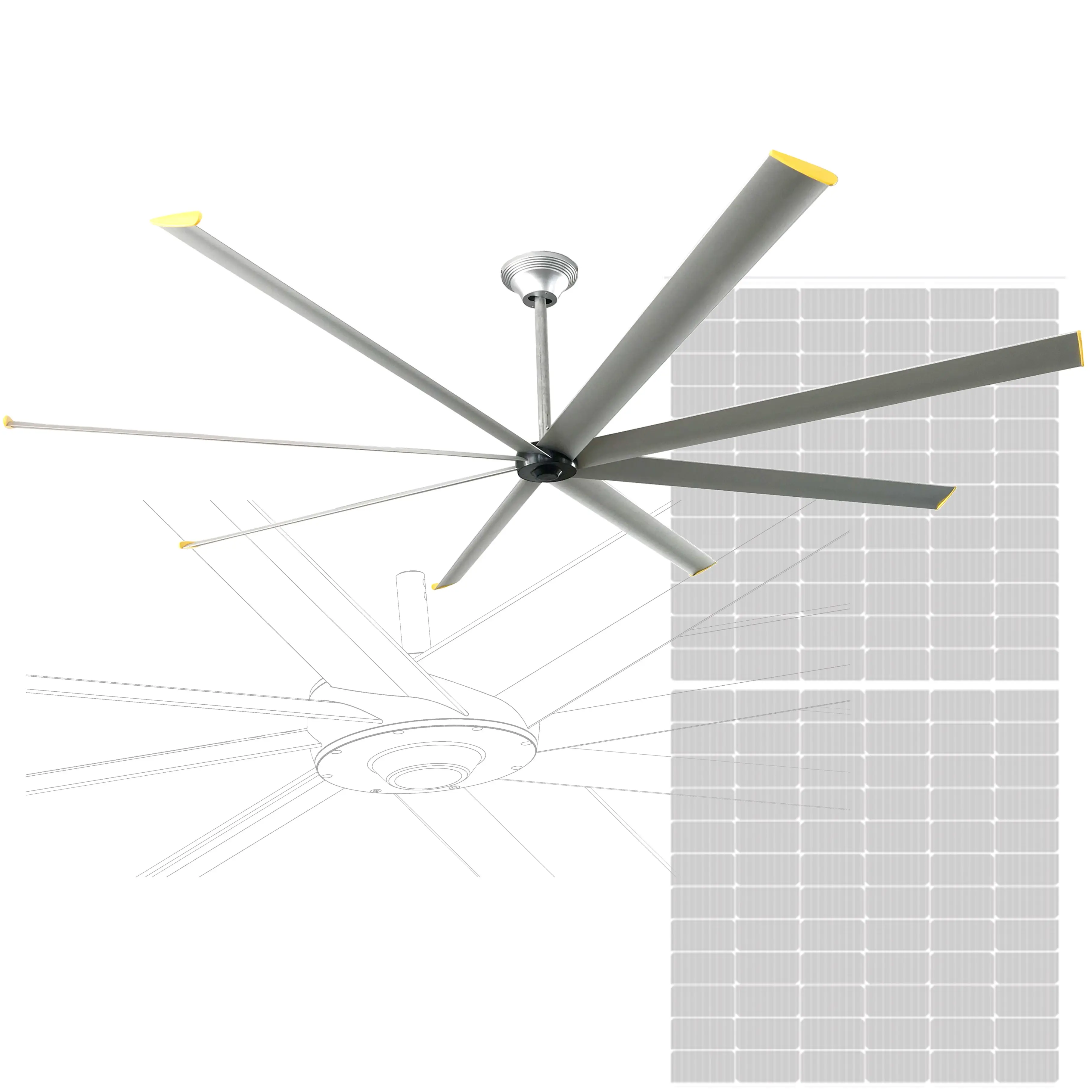 ソーラーハイブリッドパワー空気循環熱抽出産業用シーリングファン120インチビッグエアフローHVLS8ブレードDC冷却ベントファン