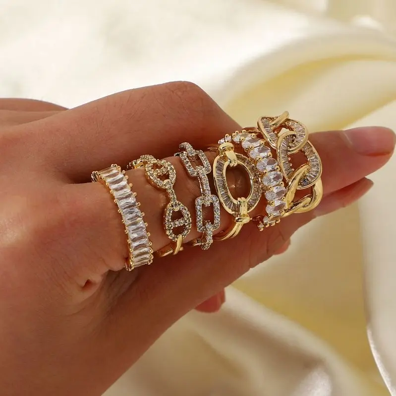Horizon 18K Gold Plated Cubic Zirconia Rings Adjustable Open Shiny CZ zircon Stone Paved Stackable Eternity Wedding Zircon Ring