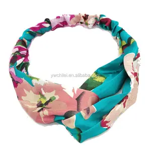 Twist Knot Boho Flower Print Cross Head Wrap Elastic Hair Band