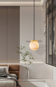 Lampadario <span class=keywords><strong>a</strong></span> <span class=keywords><strong>Sospensione</strong></span> Nordico in Rame Dorato di Alta Gamma con Paralume in Marmo per Illuminazione di Villa, <span class=keywords><strong>Camera</strong></span> da <span class=keywords><strong>Letto</strong></span> e Ingresso - Product Image 4