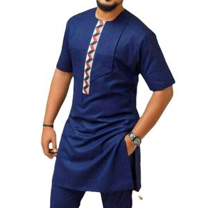 Vêtements pour hommes africains, mode <span class=keywords><strong>2022</strong></span>, <span class=keywords><strong>chemise</strong></span> à manches courtes et pantalon bleu à col carré pour hommes, ensemble 2 pièces - Product Image 1