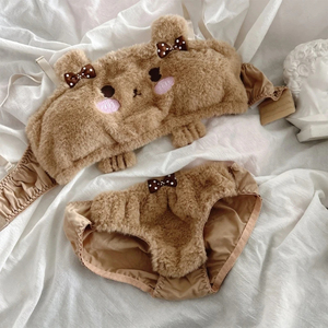 YuBon Cartoon-Bär Plüsch-Pyjama-Set BH Kürbis-Shorts Panty Winter Flauschig Gepolstertes Tube-Top Unterwäsche Anime Dessous-Sets für Mädchen - Product Image 3