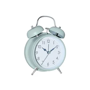 Raymons Jam Alarm Lonceng Kembar, Dekorasi Rumah Jam Alarm Casing Besi 11.4-23.5, Jam Meja Quartz Bulat dengan Logo Yang Bisa Disesuaikan