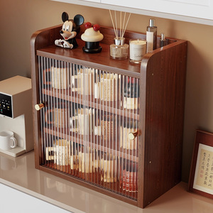 Solid Wood Cup Storage Cabinet 3 Tier Desktop Organizer With Sliding Rods For Teacups Coffee Mugs Water Cups Display Rack - Product Image 1