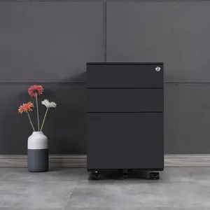 Archivador de pedestal Móvil, 3 cajones de metal negro