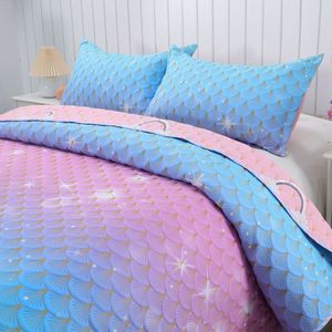 Kids Mermaid Bedding Set 3PC Custom Photo Quilt Cover &amp; Sham Glitter Scale s <strong>Bedspread</strong> Twin/Twin <strong>XL</strong> Hypoallergenic Ocean Theme - Product Image 2
