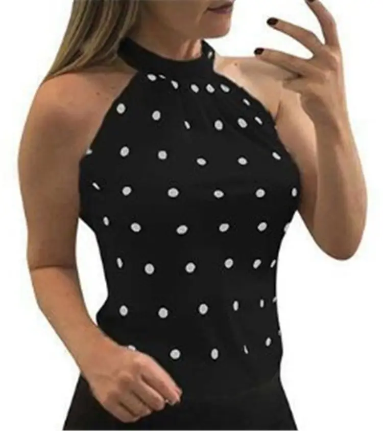 Korean Fashion 2022 Trending Summer Womens Clothing Sleeveless Top Polka Dot Halter Neck Blouse