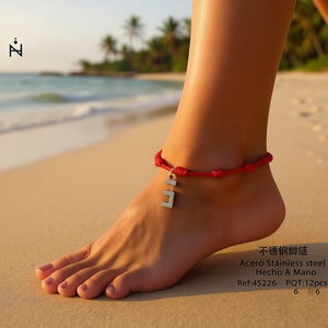 Cavigliera in acciaio inossidabile a sette nodi con lettera E e braccialetto in corda rossa per donna, gioielli alla moda. - Product Image 3