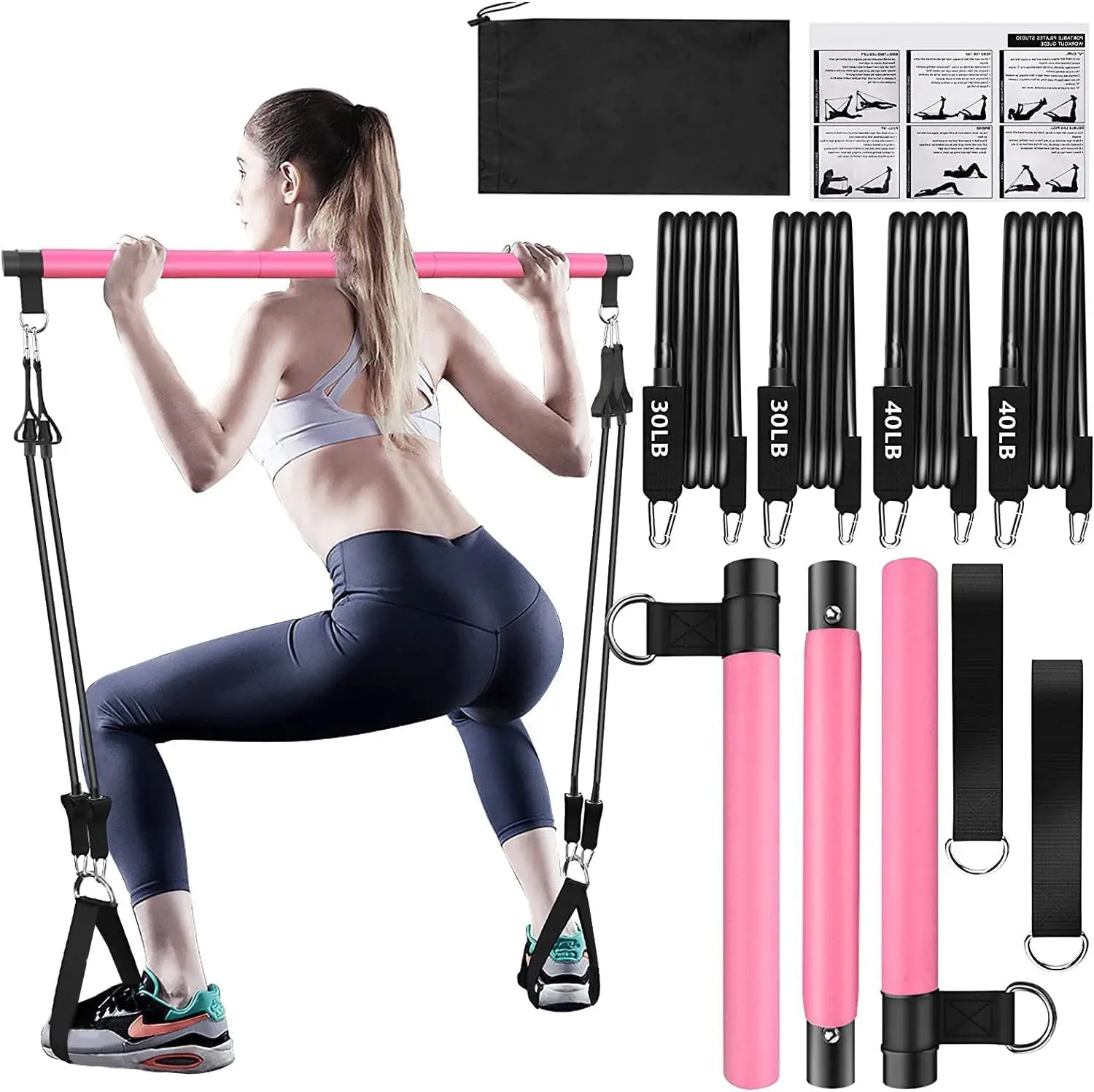 Kit de bar para musculação, portátil, yoga, pilates, exercícios, ajustável, resistência, com alça para pé