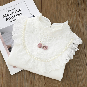 Maglietta bianca da bambina top abbigliamento primaverile maglietta a maniche lunghe in pizzo con colletto alla coreana per bambini maglietta da bambina - Product Image 5