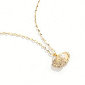 High-End Luxury Women's Gold Plated Stainless Steel Pearl Necklace Fan Shell <b>Pendant</b> Collarbone Chain Micro Insert Wedding - Product Image 4