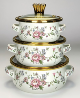 Ensemble de batterie de cuisine émaillée au design floral moderne, comprenant une marmite en verre à double poignée avec couvercle, compatible induction, pour mijoter, faitout et casseroles