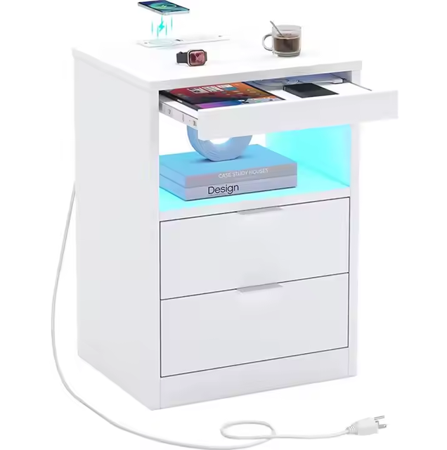 Durable Stable 2-Drawer Nightstand Wireless Charging Station Multi-functional Bedroom Furniture Bedside Table Wooden Home Use