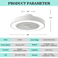 Ventilateur de plafond sans pales encastré de 20 pouces avec lumière, télécommande, application, gradation de précision, 6 vitesses pour chambre moderne et salon