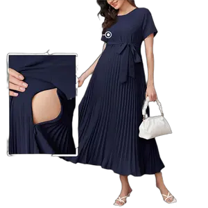Vestido plisado de maternidad de lujo de manga corta azul marino de verano para mujer personalizado con cremallera invisible