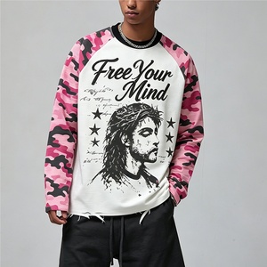 Heavyweight 100%Cotton Waffle Knit 300GSM Distressed Raglan Vintage Graphic <b>Y2K</b> Style Long Sleeve <b>Shirt</b> for Men - Product Image 1