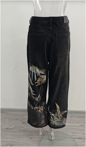 <span class=keywords><strong>Jeans</strong></span> Vintage Neri Effetto Acid Wash, Gamba Dritta Oversize con Ricamo Floreale, Stile Hip Hop, Denim Lavorato a Maglia per Autunno e Inverno - Product Image 3