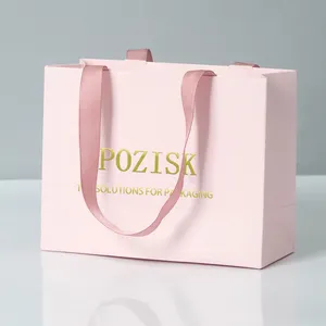 Kustom mewah tas kertas Belanja Butik ritel merah muda tas kemasan karton dengan gagang cetak logo Anda