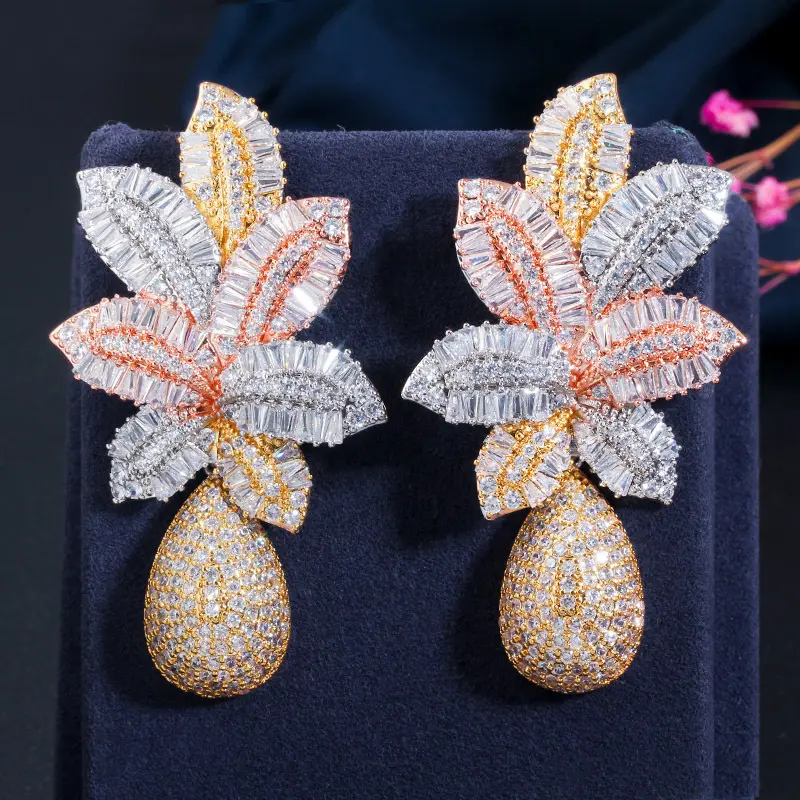 Fashion Jewelry S925 Silver Needle Ladder Cubic Zirconia Tricolor Earrings Female Tropical Pineapple Large Earrings