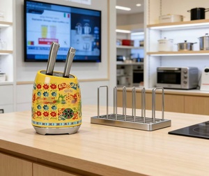 Ensemble <span class=keywords><strong>de</strong></span> couteaux <span class=keywords><strong>de</strong></span> cuisine siciliens italiens en acier inoxydable - 6-en-1 avec support décoratif, 4 couleurs vibrantes pour une utilisation en extérieur, en voiture et en camping-car - Product Image 1