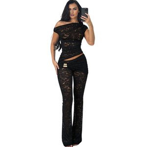XH1215-2026 Set Primaverile Sexy con <span class=keywords><strong>Top</strong></span> <span class=keywords><strong>Asimmetrico</strong></span> a Spalle Scoperte e Pantaloni a Vita Alta Svasati - Product Image 5