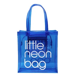 Logotipo personalizado Ins Estilo Plástico Transparente Impermeável Reutilizável Shopping Beach PVC Tote Bag com Zíper e Bolso Durável BSCI GRS