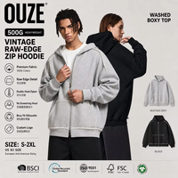 Sweat à capuche unisexe 500 g/m² 100 % coton épais avec fermeture éclair bidirectionnelle, bords bruts, style vintage américain, coupe oversize, streetwear, couleur unie, ODM