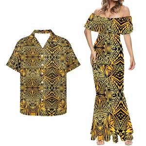 Abbigliamento tribale polinesiano samoano Retro Brown Fiji Masi Tapa Flower Print personalizzato 2 pezzi set coppia abbinamento abbigliamento disegni - Product Image 3