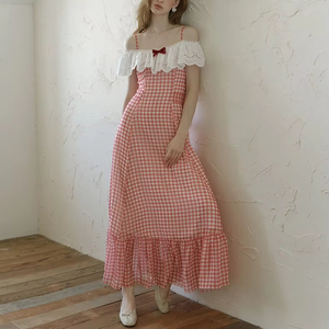 Off the shoulder lace ruffle <strong>red</strong> checkered maxi dress with bow - Product Image 1