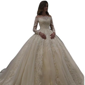 Off The Shoulder Wedding Dress Champagne Color Ball Gown Princess Waistline Vintage Style Lace Applique Long Sleeve - Product Image 5
