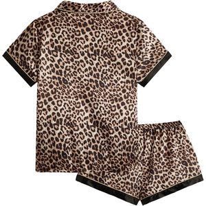 FOXA Conjunto de pijama de satén de 2 piezas para mujer, estampado de leopardo, camisa de manga corta con botones en la parte delantera y pantalones cortos, conjunto de ropa de dormir - Product Image 2