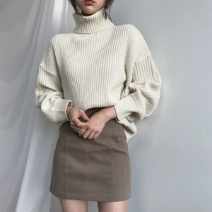 Pull col roulé rouge pour femme, manches lanternes, tricot côtelé épais en acrylique, hiver, décontracté, couleur unie, manches longues - Product Image 5