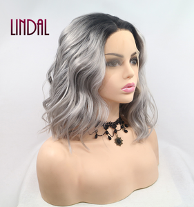 LINDAL สีเงินสีเทาสั้นตัดลูกไม้สังเคราะห์หยิกด้านหน้า Bob ผมหยิกวิกผมลูกไม้ด้านข้างแยกความร้อนแพลทินัมสีเทาวิกผม - Product Image 4
