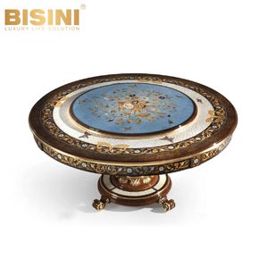 Mesa de Comedor Redonda Estilo <span class=keywords><strong>Castillo</strong></span> Italiano Clásico con Parqué de Concha de Perla Floral Hecho a Mano y Chapa de Madera Sólida - Product Image 3