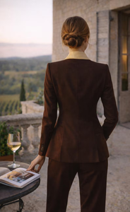 Traje de esmoquin marrón chocolate de lujo para mujer, blazer de corte ajustado a medida con solapa de satén dorado y pantalones rectos a juego - Product Image 4