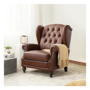 Antique Luxury Leisure Armchair Chesterfield Chair Vintage Tan Leather Buttons Tufted High Back Wing Chair Sofa Rolled Armchair