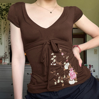 Chemisier T-shirt Chic Bohème Y2K Marron Col V Brodé Floral Manches Longues Tricoté Écologique Décontracté à Nouer pour Femme