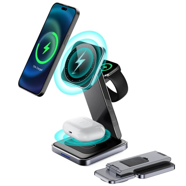 15W/10W Fast Wireless Charger 3-in-1 Magnetic Charging Station Foldable Aluminium Alloy Desktop Holder Smart Watch Phone Black